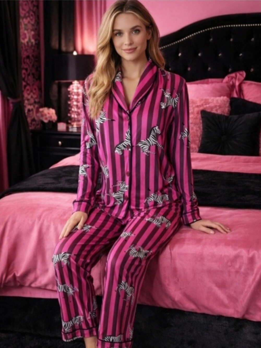 Room Service Pink Striped Zebra Print Pajama Set - Picture 11 of 11